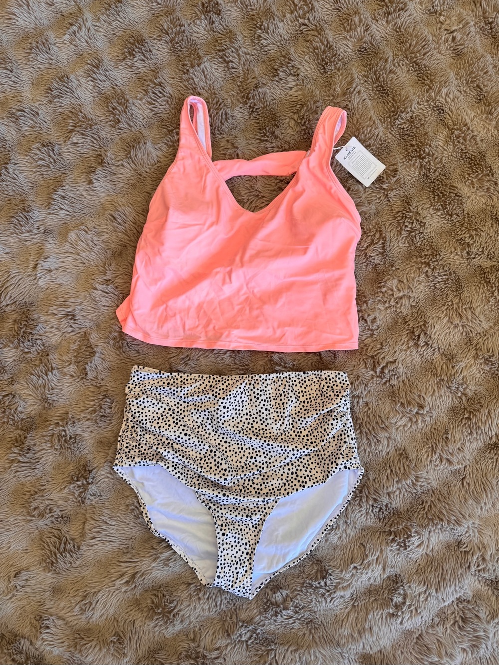 Coral Pink Tankini Top with High-Waist Dotted Bikini Bottoms